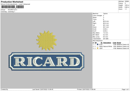 Ricard Embroidery File 4 sizes