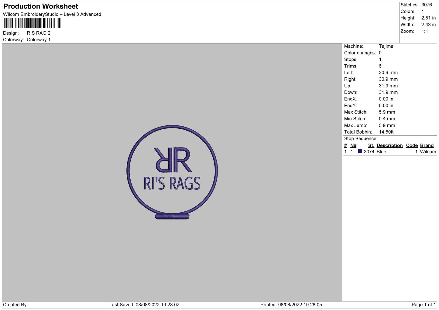 Ris Rags Embroidery File 6 sizes