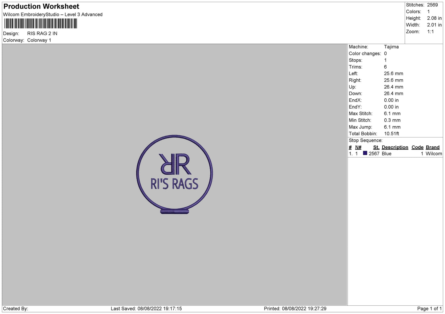 Ris Rags Embroidery File 6 sizes