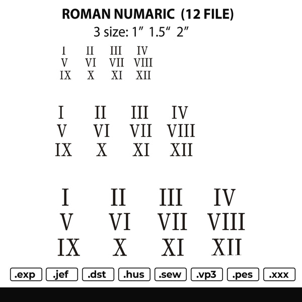 Roman Numaric 12 File 3 size Embroidery File