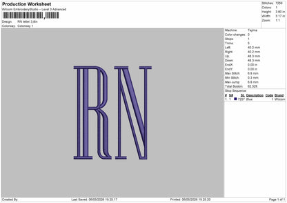 RN Letter Embroidery File 6 sizes