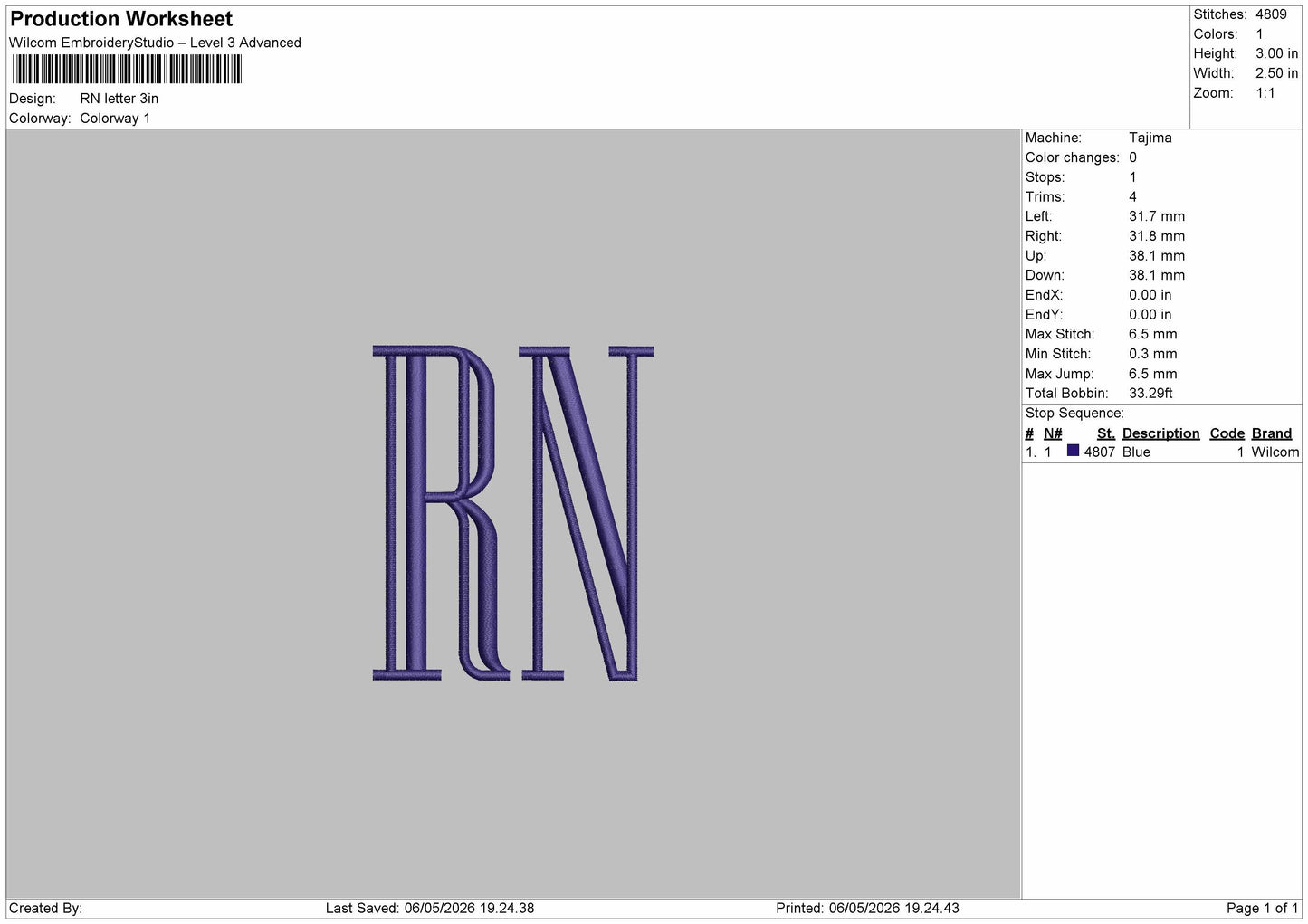 RN Letter Embroidery File 6 sizes