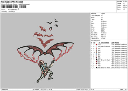 Rock Bat Embroidery File 4 sizes