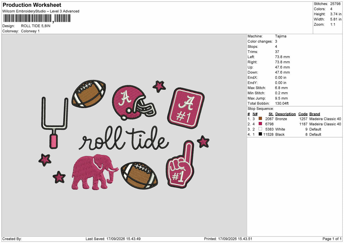Roll Tide Embroidery Machine Design File 6 sizes