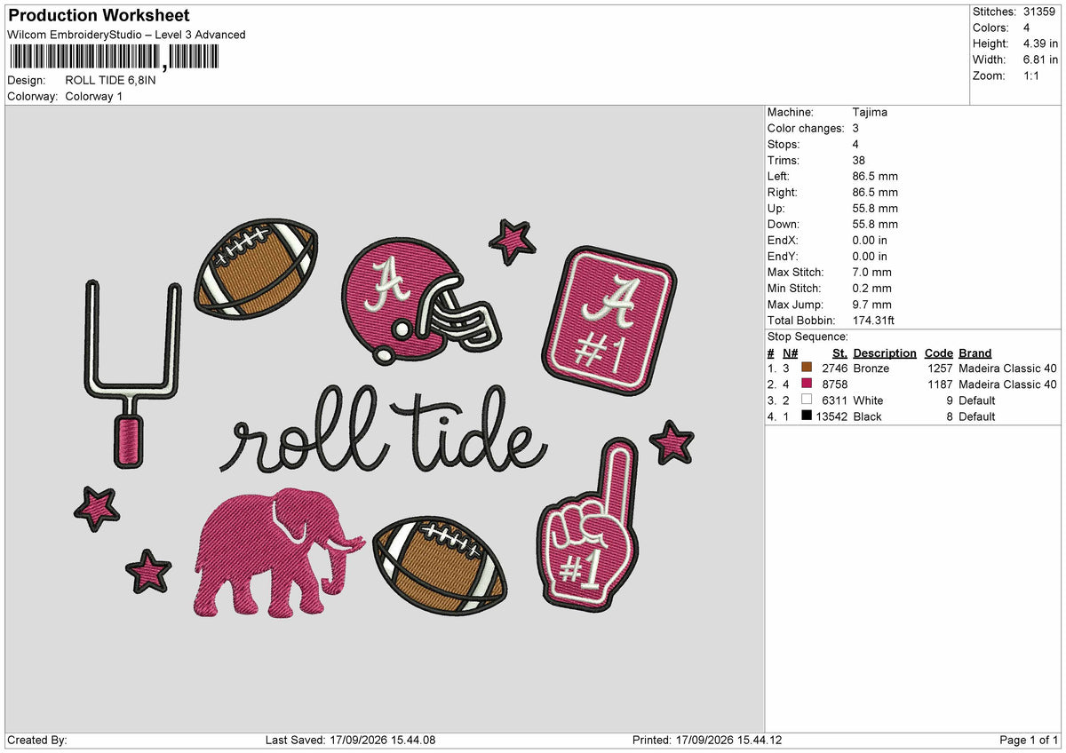 Roll Tide Embroidery Machine Design File 6 sizes