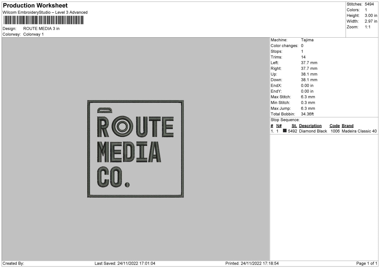 Route Media Embroidery File 6 sizes