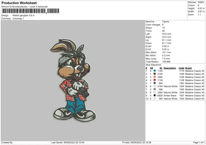 Rabbit Gangster Embroidery File 5 sizes