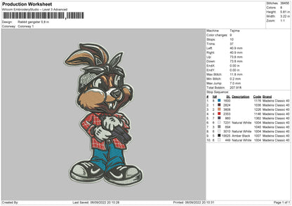 Rabbit Gangster Embroidery File 5 sizes