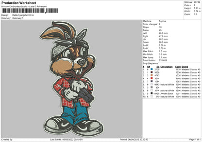 Rabbit Gangster Embroidery File 5 sizes