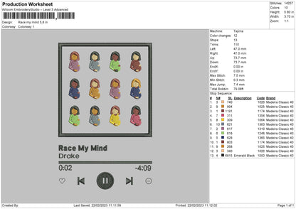 Player Song 04 Embroidery File 6 sizes