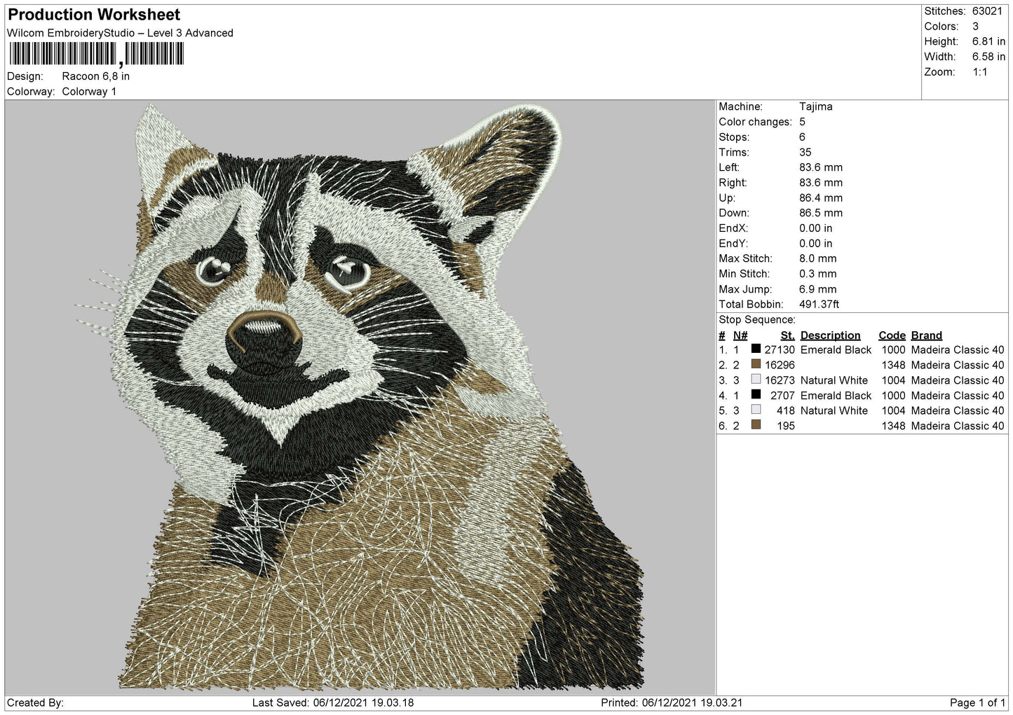 Racoon Embroidery File 4 size