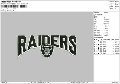 Raiders Embroidery File 5 sizes