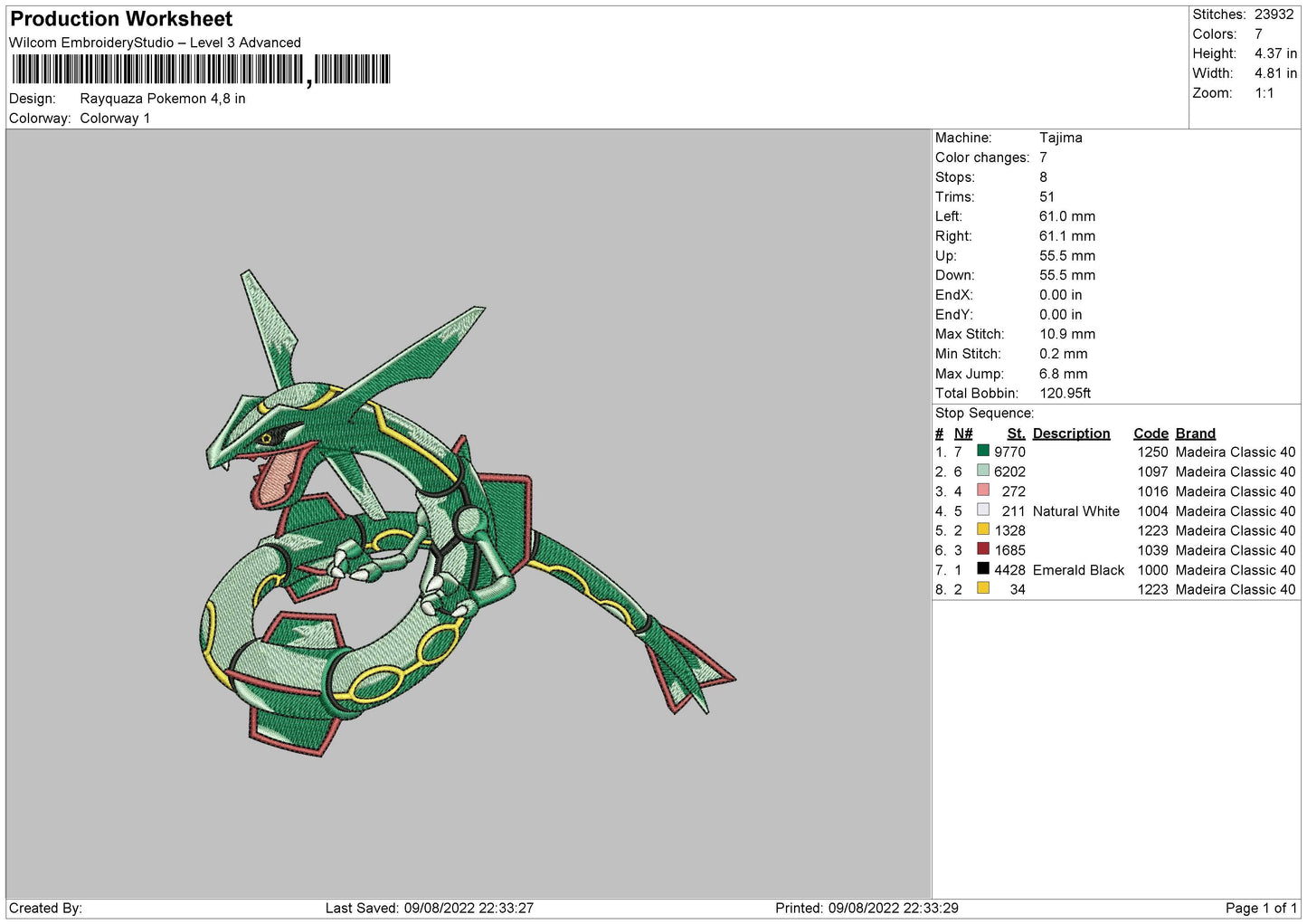 Rayquaza Pokemon Embroidery Design File 4 sizes