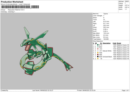 Rayquaza Pokemon Embroidery Design File 4 sizes