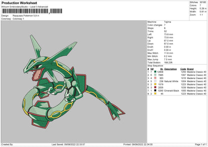 Rayquaza Pokemon Embroidery Design File 4 sizes