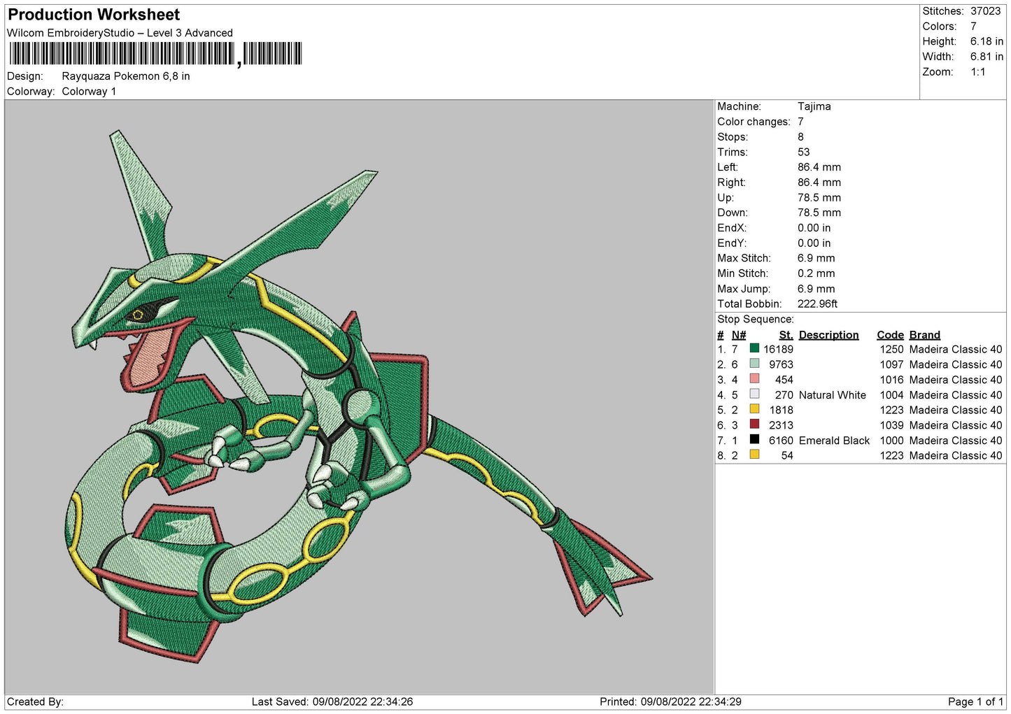 Rayquaza Pokemon Embroidery Design File 4 sizes