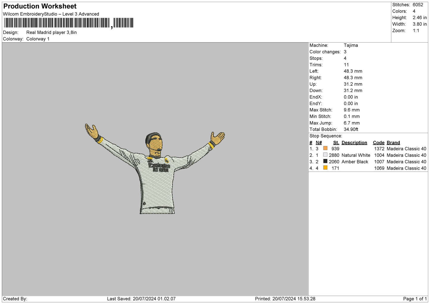 Player Madrid Embroidery File 6 sizes