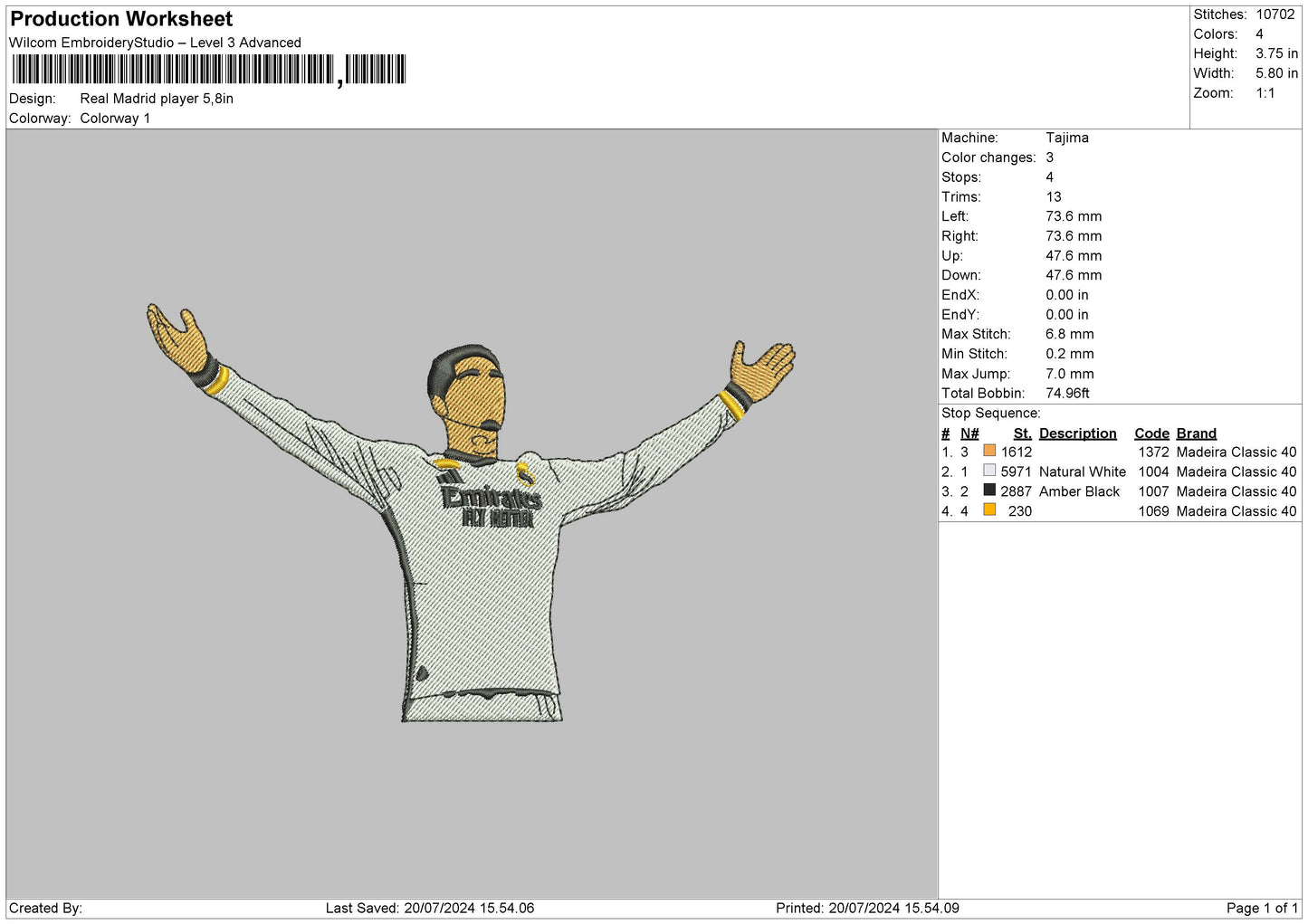 Player Madrid Embroidery File 6 sizes