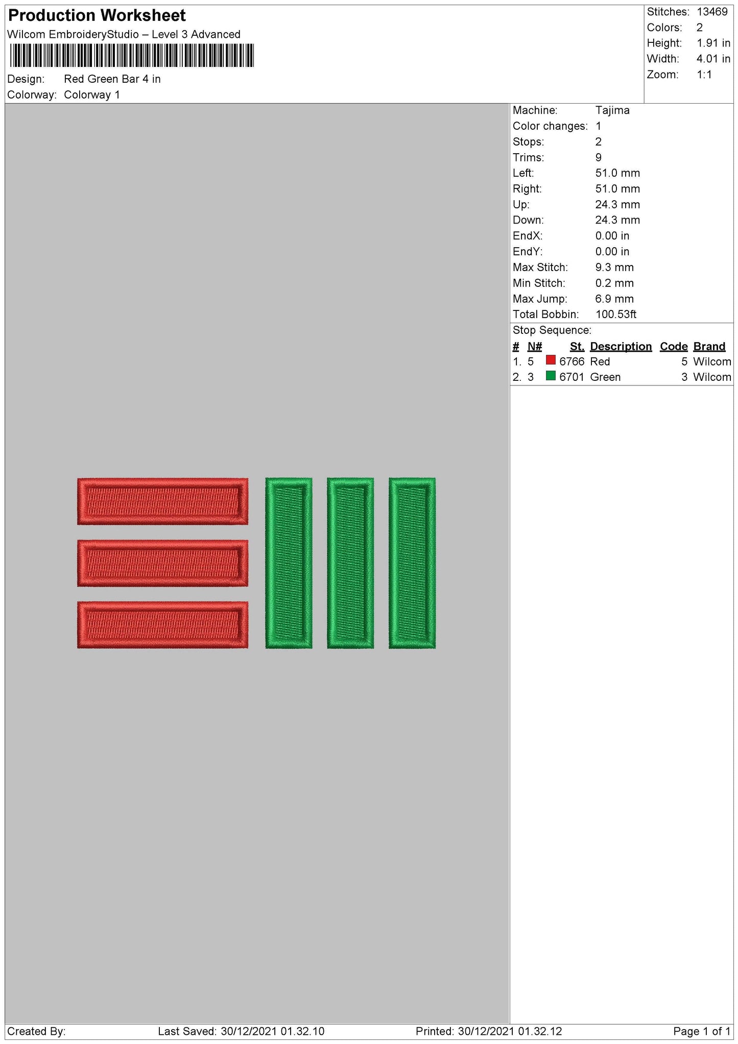 Red Green Bar Embroidery File 4 size