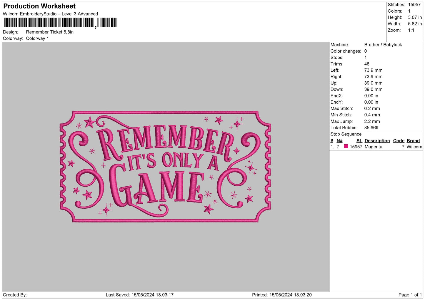 Ticket1505 Embroidery File 6 sizes