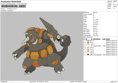 Rhyperior Embroidery File 6 sizes