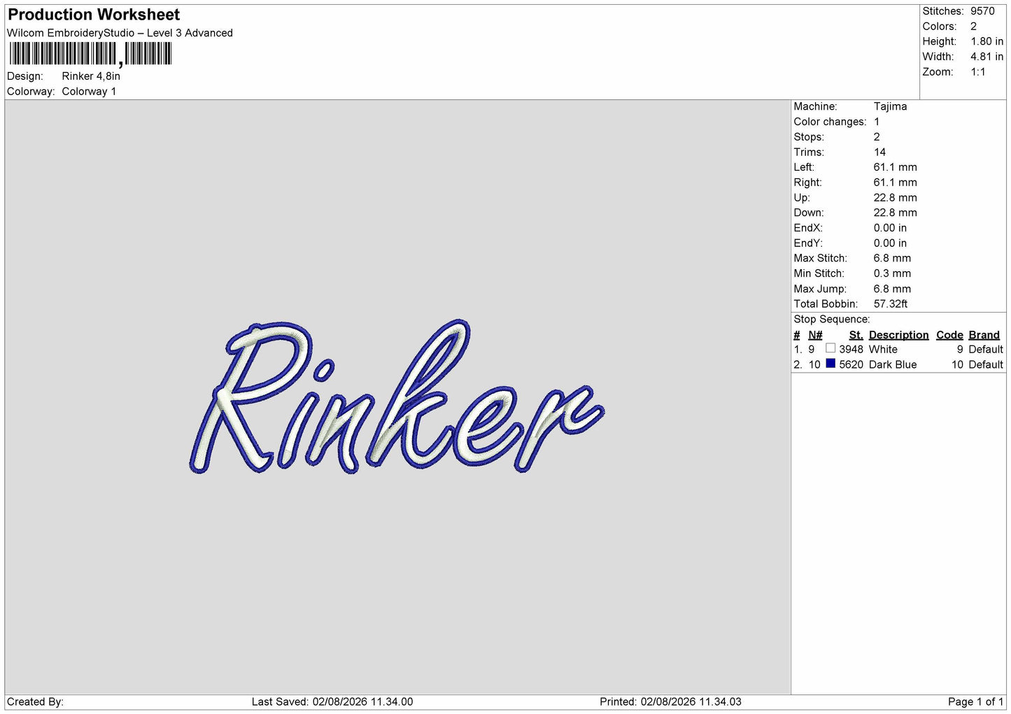 Rinker Text Embroidery Machine Design File 6 sizes