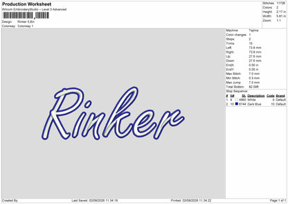 Rinker Text Embroidery Machine Design File 6 sizes