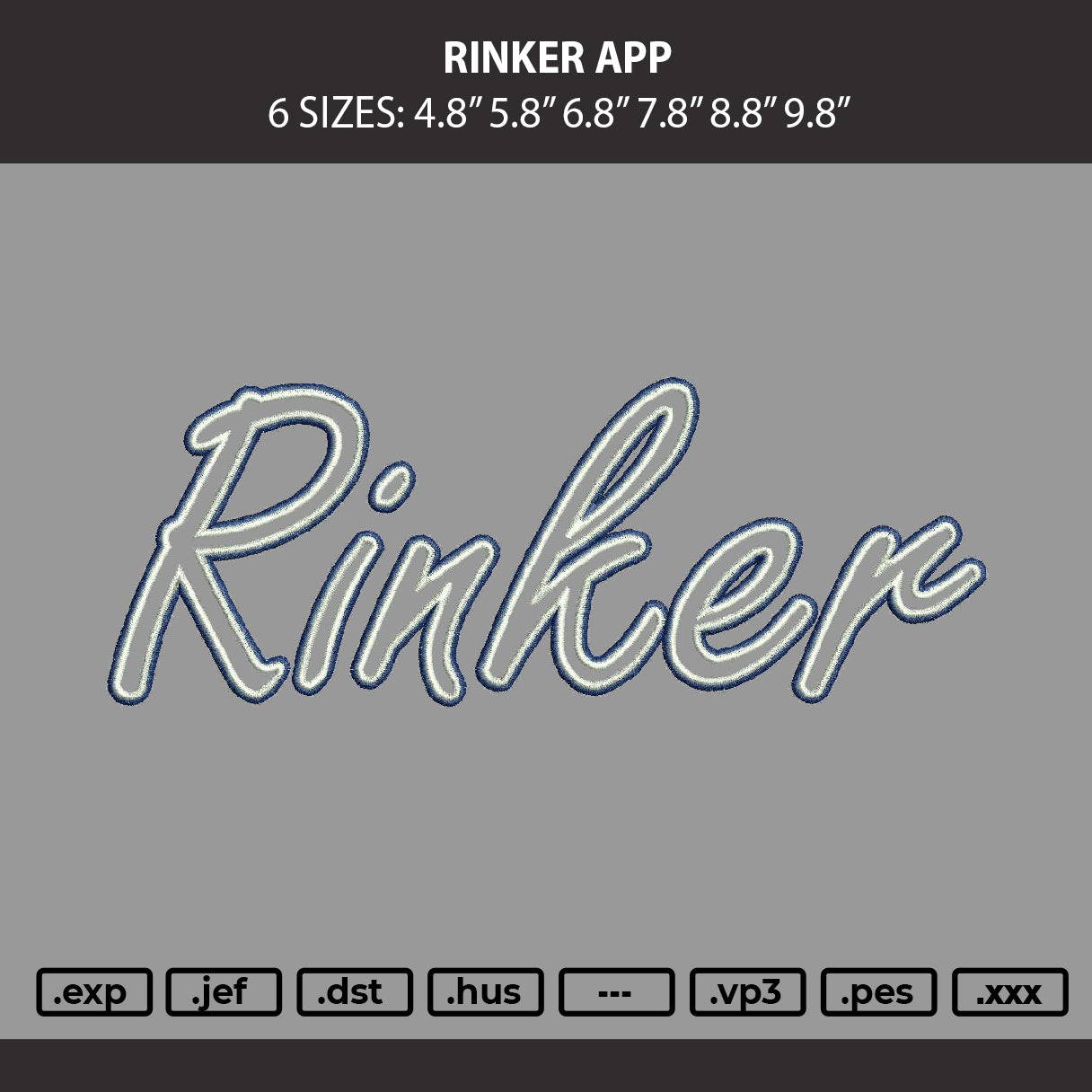 Rinker Applique Embroidery Machine Design File 6 sizes
