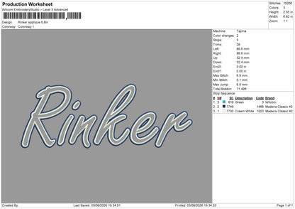 Rinker Applique Embroidery Machine Design File 6 sizes