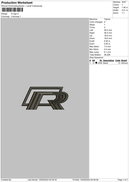 R Logo Embroidery File 5 sizes