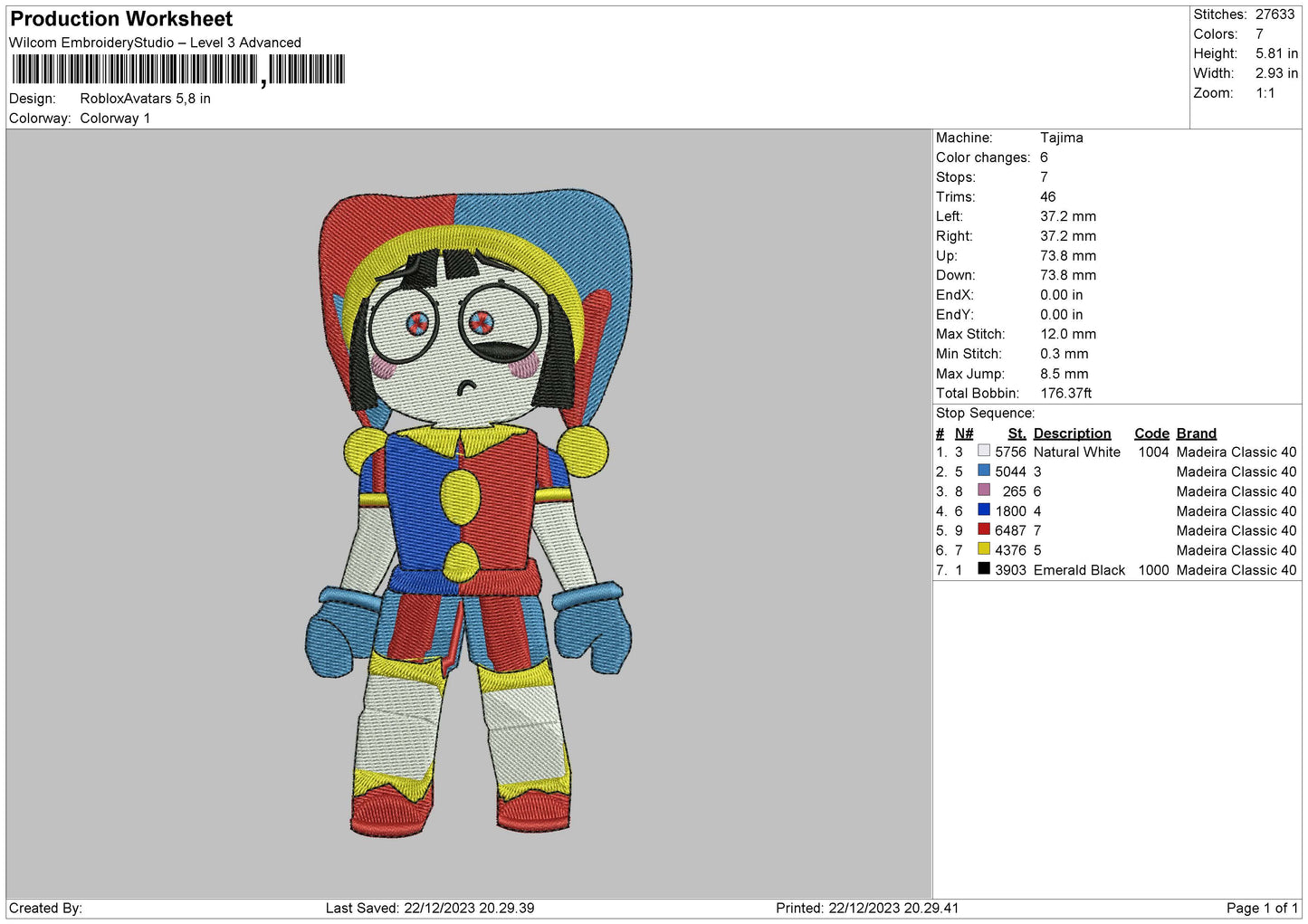 Character2212 Embroidery File 6 sizes