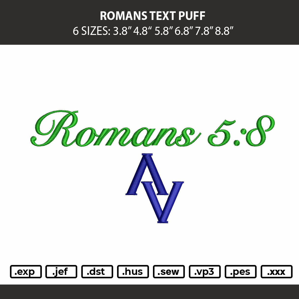 Romans Text Puff Embroidery Machine Design File 6 sizes