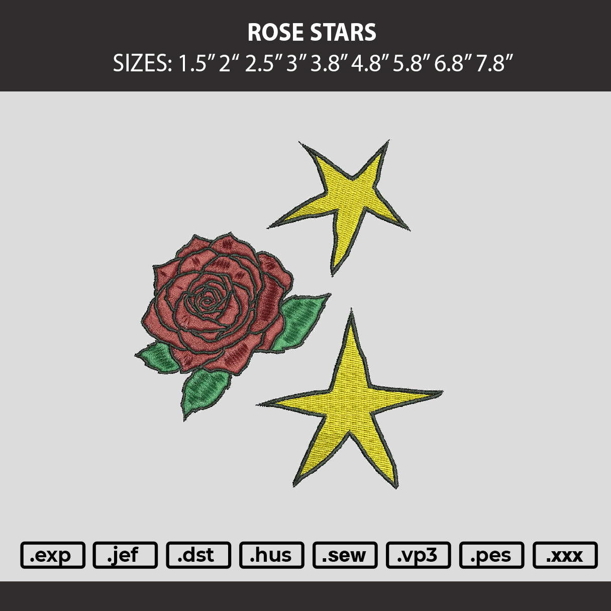 Rose Stars Embroidery Machine Design File 9 sizes