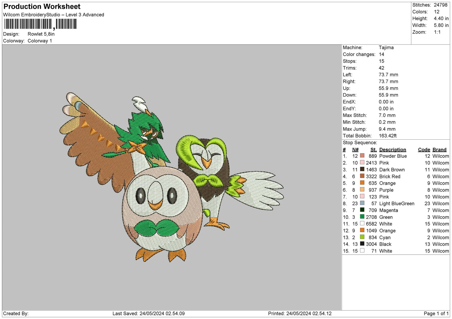 Rowlet Embroidery File 6 sizes
