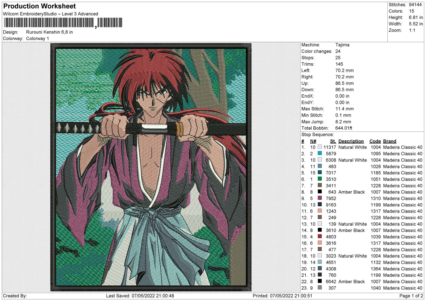 Rurouni Kenshin Embroidery File 4 size