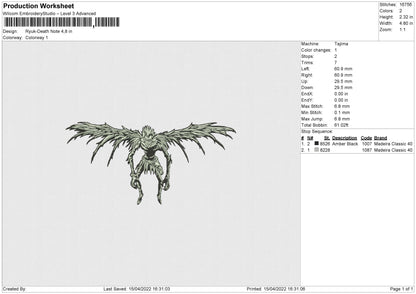 Ryuk Death Note Embroidery File 4 size