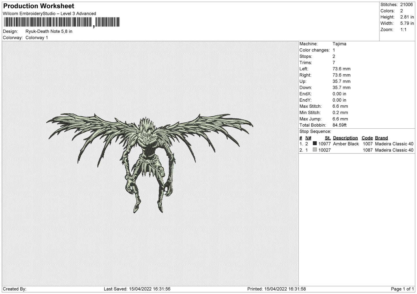 Ryuk Death Note Embroidery File 4 size