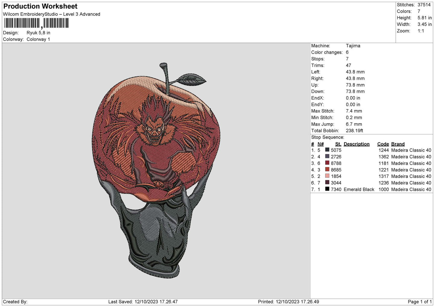 Ryuk Embroidery File 6 sizes