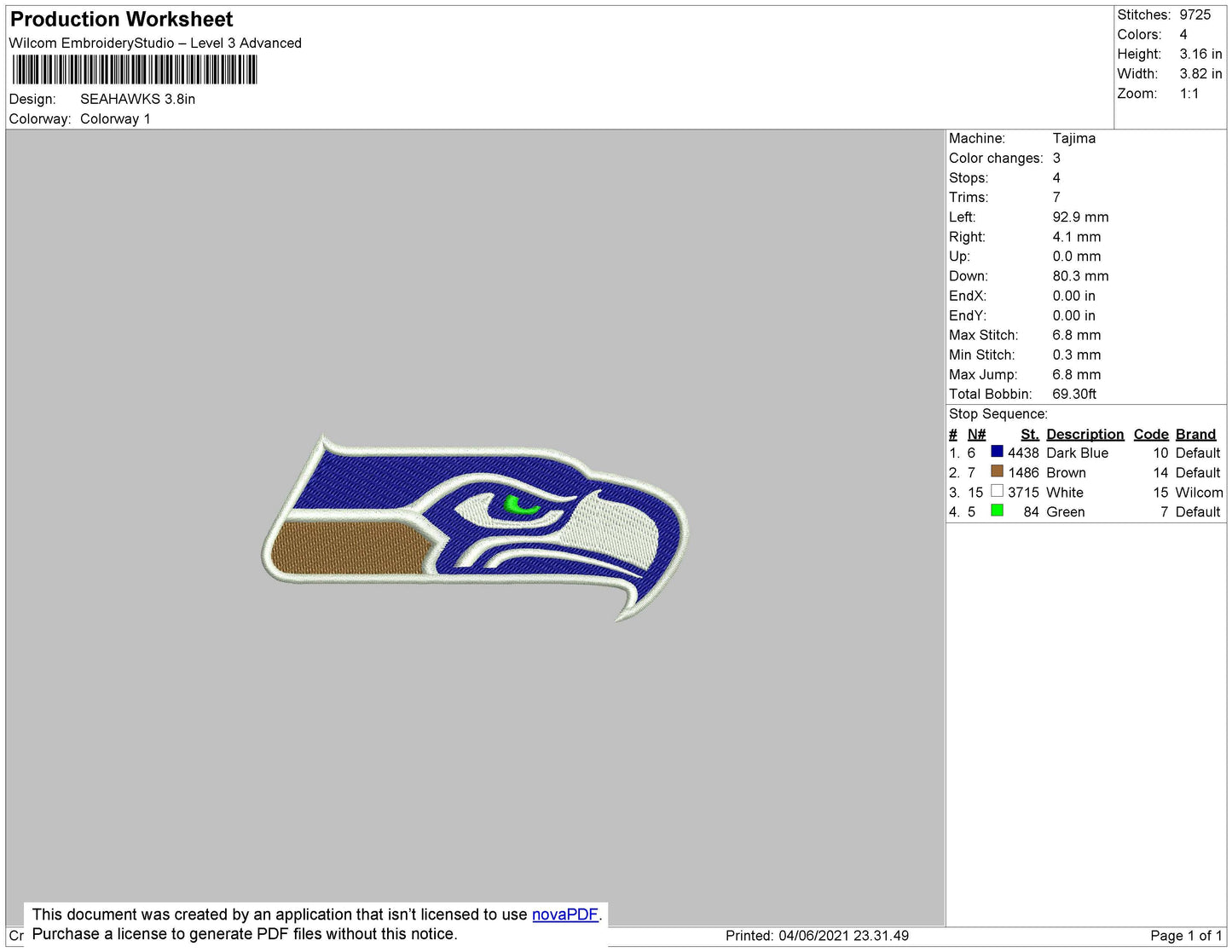 Seahawks Embroidery File 6 size