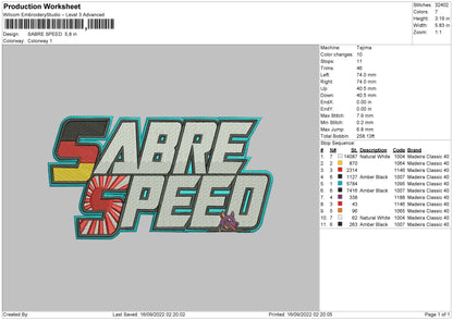Sabre Speed Embroidery File 5 sizes