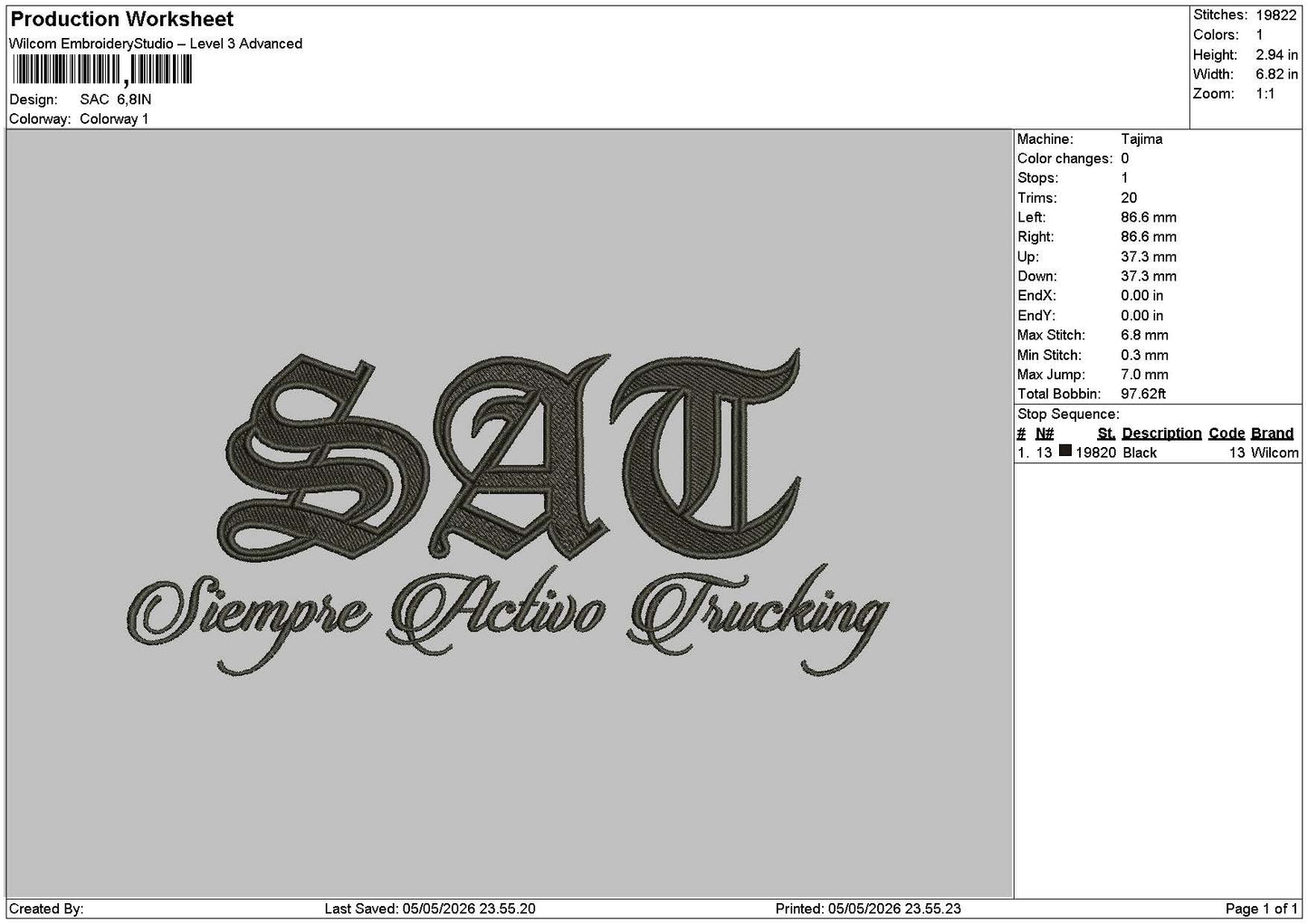 Sac Text Embroidery File 6 sizes