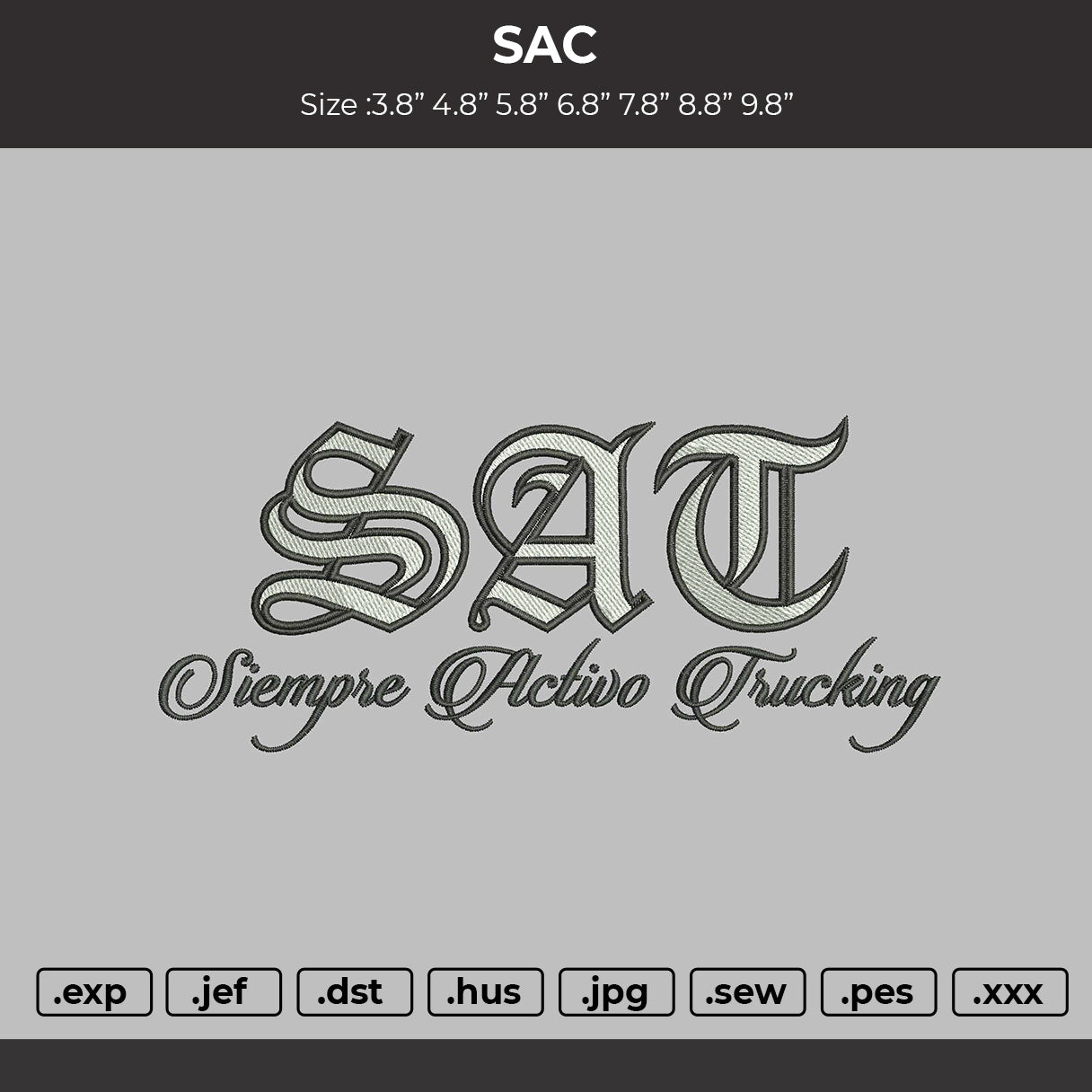 Sac Text Embroidery File 6 sizes