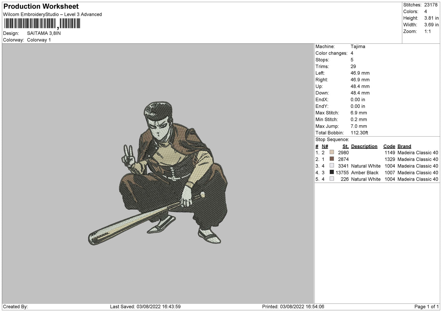 Saitama 04 Embroidery File 4 sizes