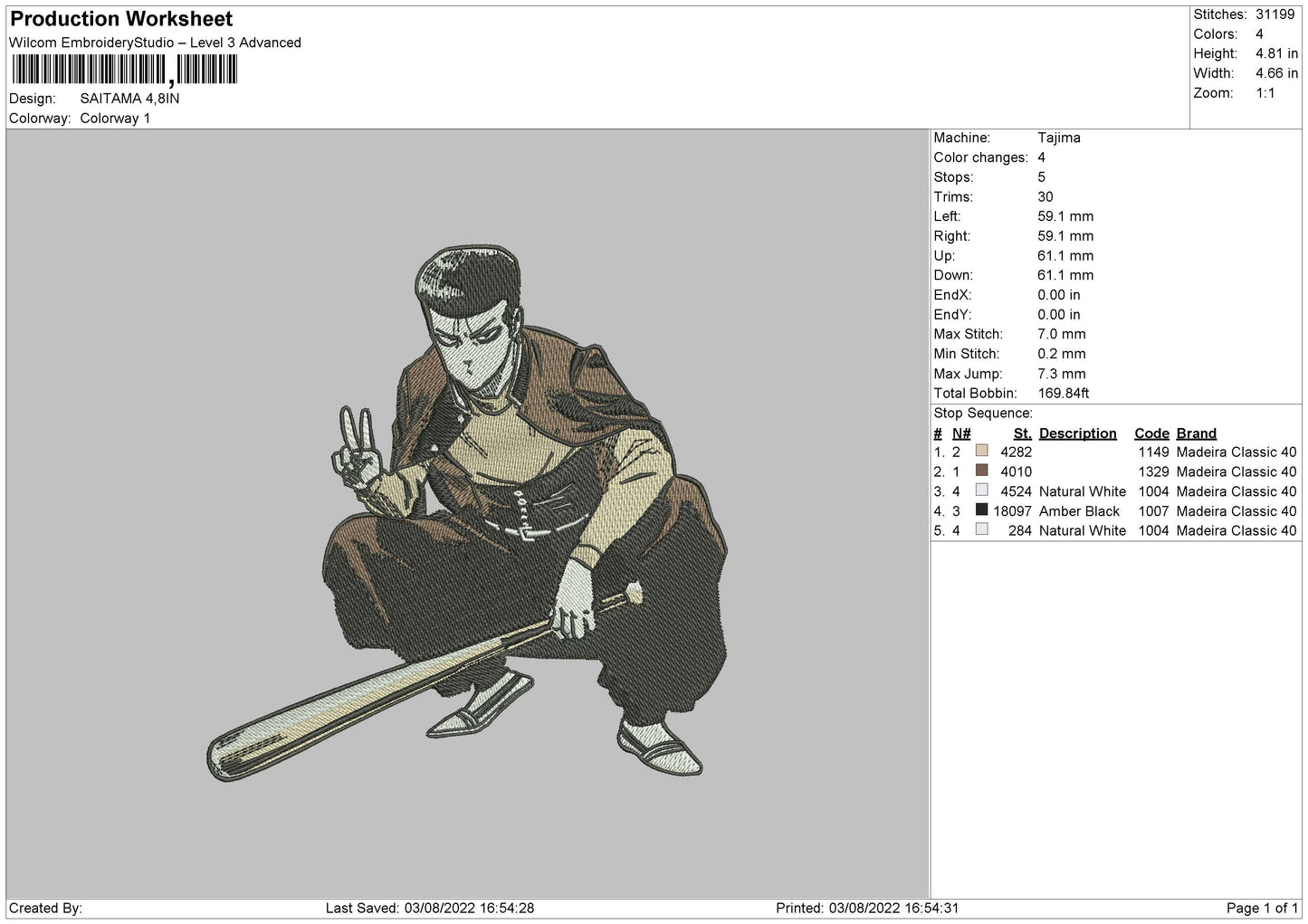 Saitama 04 Embroidery File 4 sizes