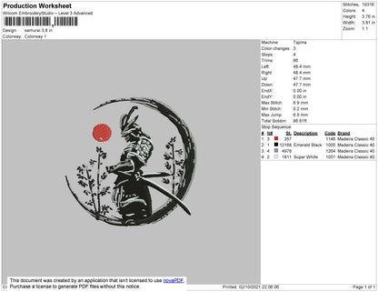 Samurai Embroidery File 4 size
