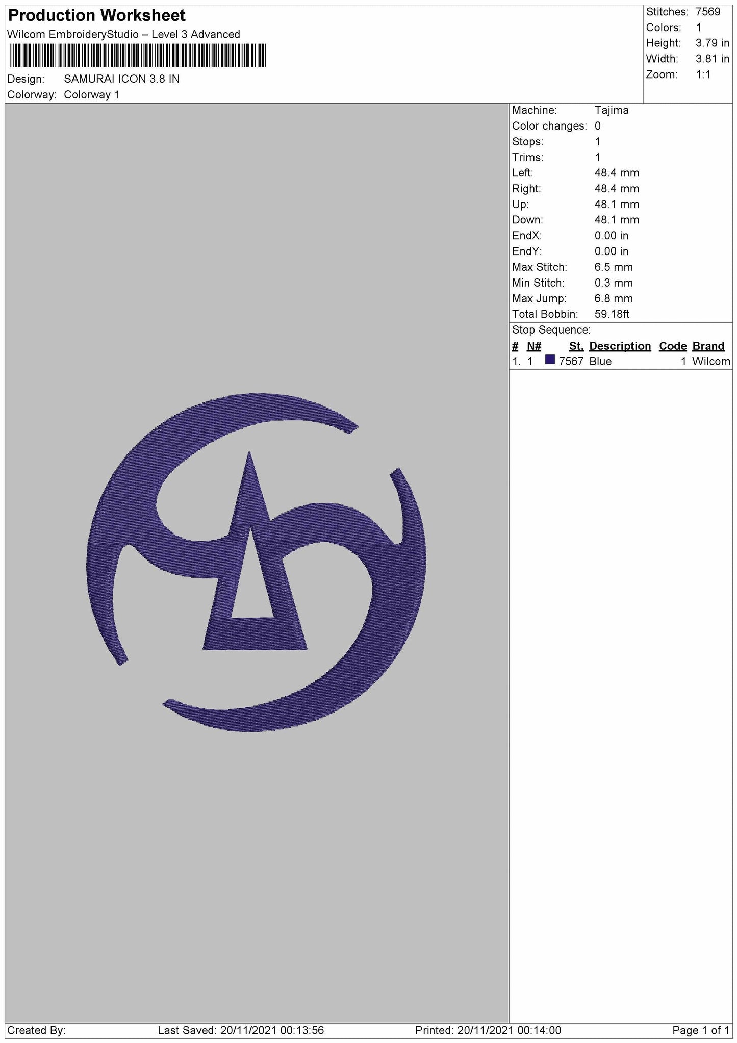 Samurai Icon Embroidery File 4 size