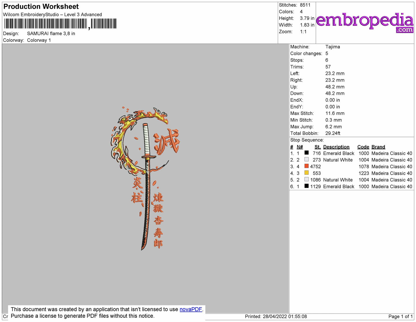 Samurai Flame Embroidery File 4 size