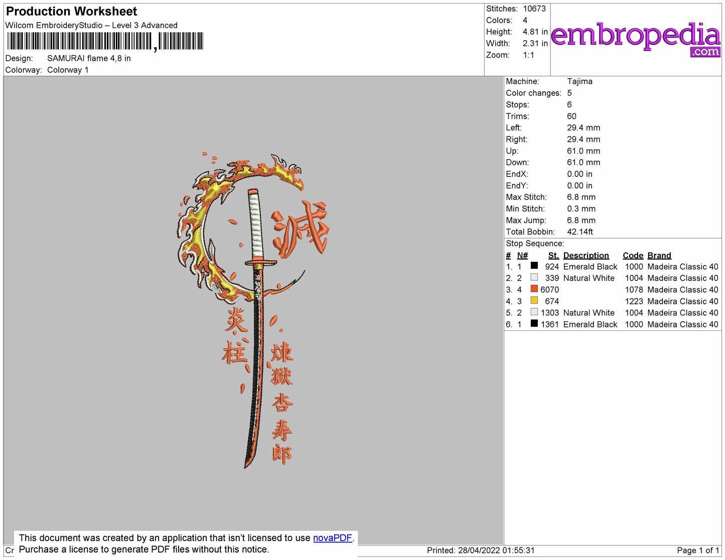 Samurai Flame Embroidery File 4 size