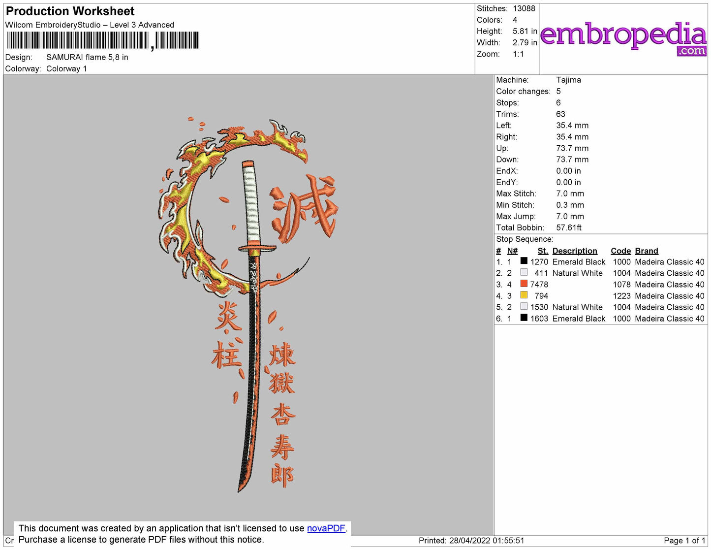 Samurai Flame Embroidery File 4 size