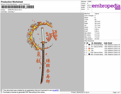 Samurai Flame Embroidery File 4 size